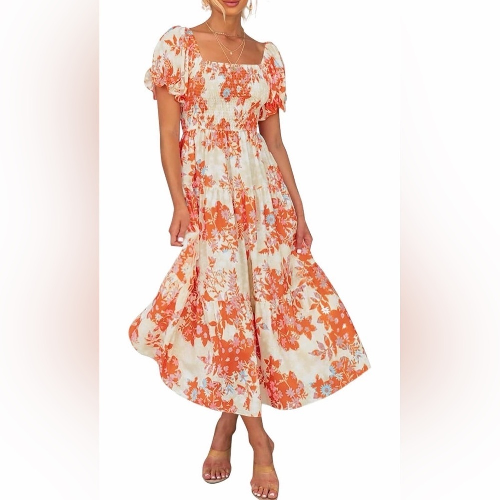 🆕Floral Puff-Sleeve Midi Dress in Multicolor